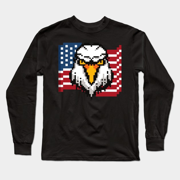 Bald Eagle and American Flag USA Patriotic Pixel Art Long Sleeve T-Shirt by Irene Koh Studio